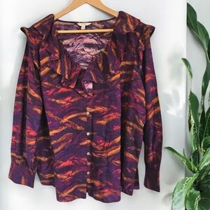 Ruffled Blouse Button Down Shirt Cotton Burgundy Amber Dark Feminine Plus 3X